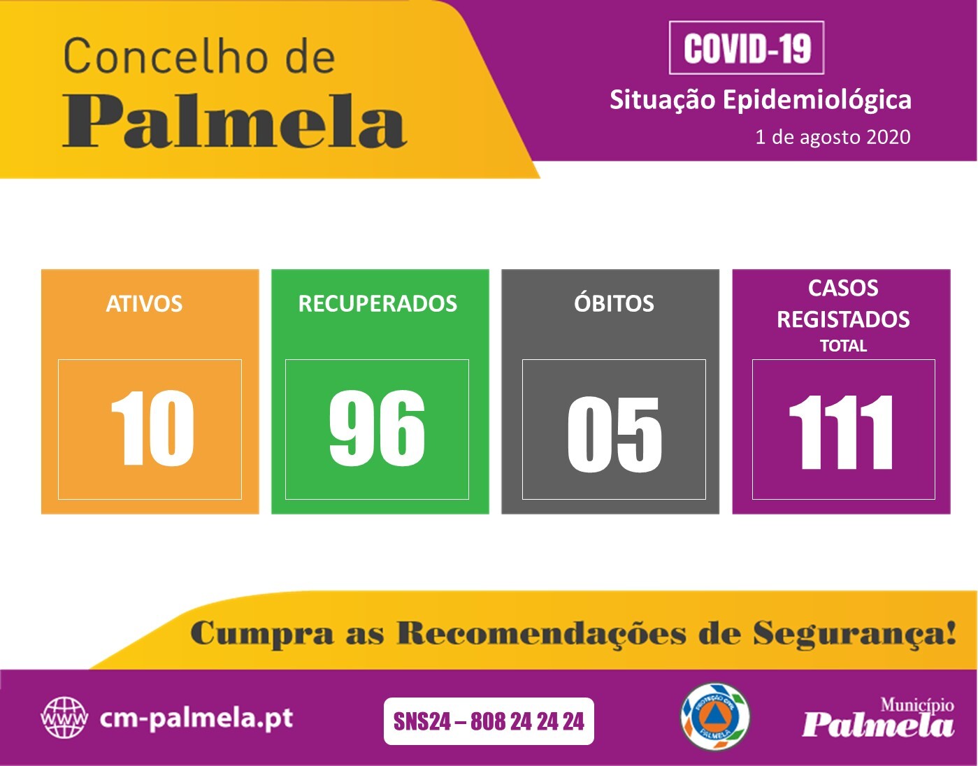 Palmela: Situação diária da COVID-19 | 1 agosto 2020