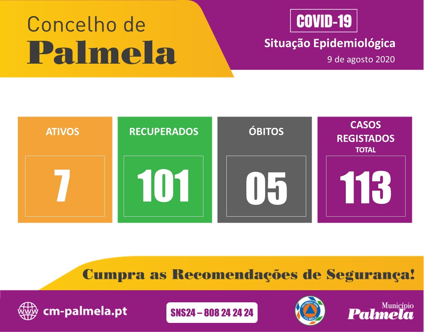 Palmela: Situação diária da COVID-19 | 9 agosto 2020