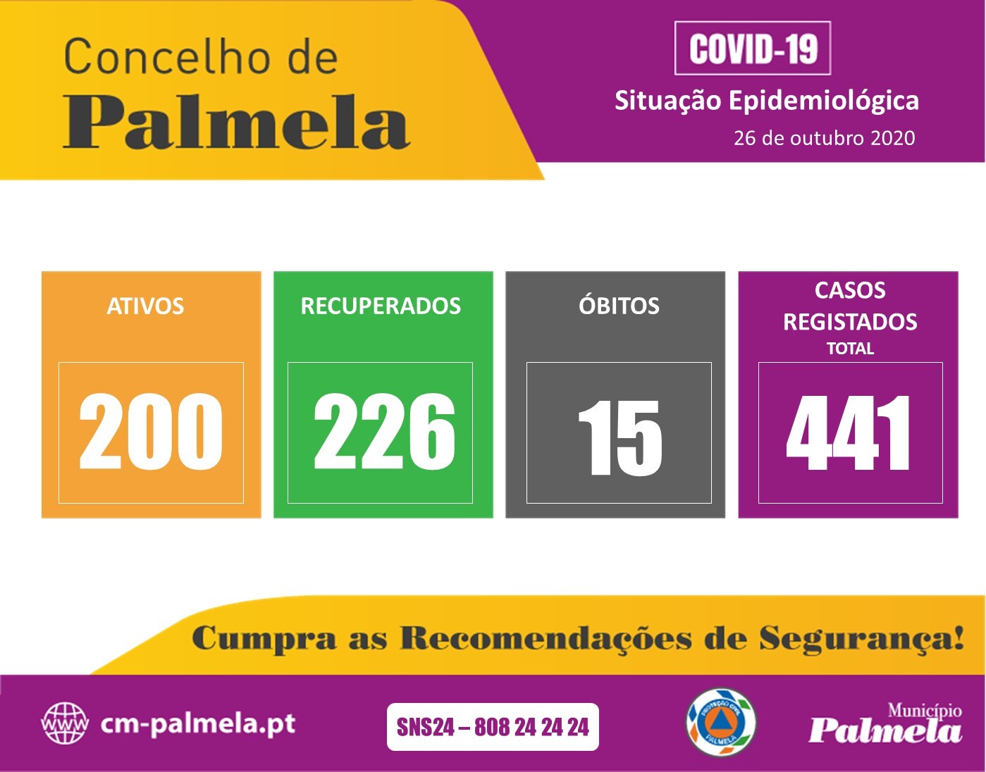Palmela: Situação diária da COVID-19 | 26 outubro 2020 
