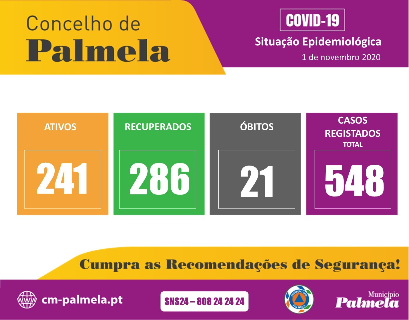 Palmela: Situação diária da COVID-19 | 1 novembro 2020