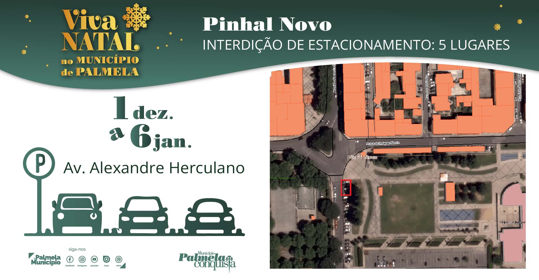 “Viva o Natal” Pinhal Novo: interdição de estacionamento para 5 lugares