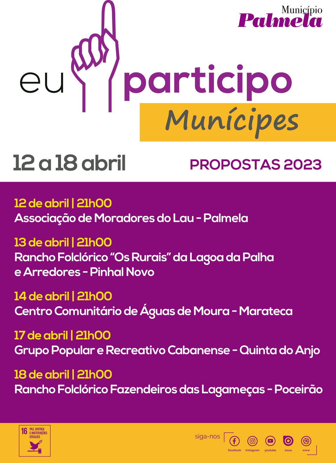 Datas e hor&aacute;rios sess&otilde;es eu participo mun&iacute;cipes