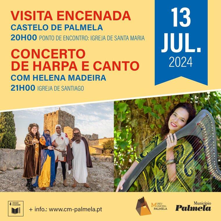 newsletter visita encenada e concerto de harpa e canto, no castelo de palmela a 13 de julho